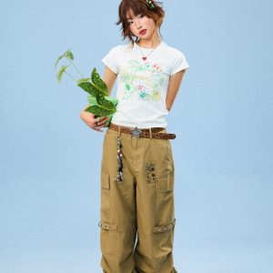 Hand-Painted Floral Print Short-Sleeve T-Shirt for Women - Summer Slim-Fit Cropped Top, American Style, Y2K Aesthetic