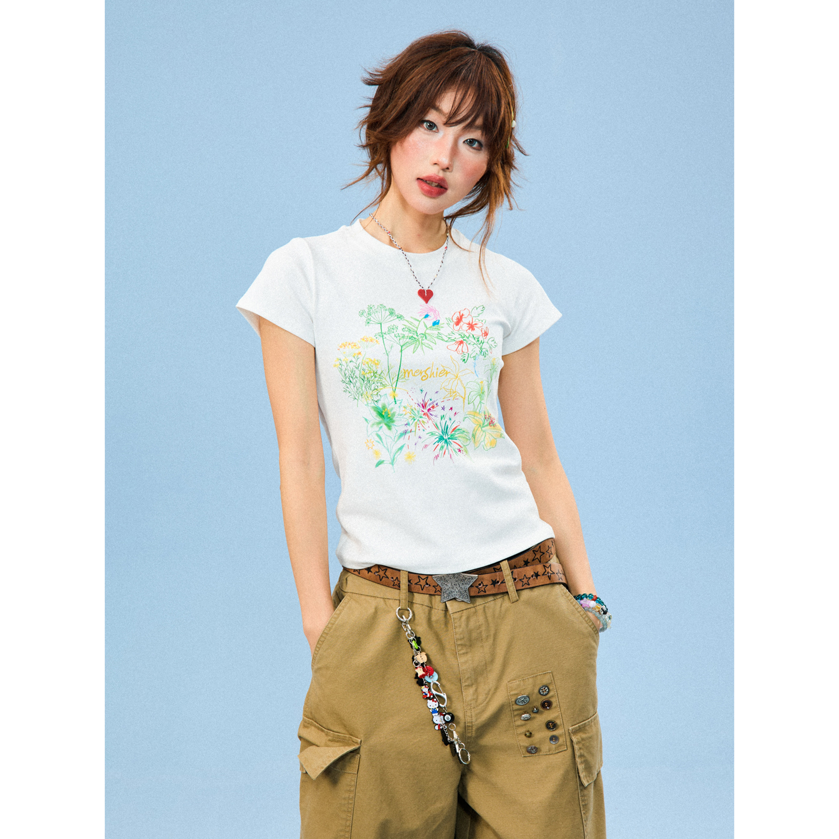 Hand-Painted Floral Print Short-Sleeve T-Shirt for Women - Summer Slim-Fit Cropped Top, American Style, Y2K Aesthetic