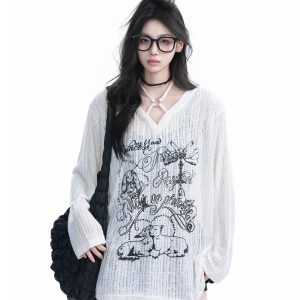 Hand-Painted Graffiti Long Sleeve T-Shirt for Women - American Streetwear, Sun Protection, Loose Fit, Perfect for Y2K Style