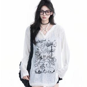 Hand-Painted Graffiti Long Sleeve T-Shirt for Women - American Streetwear, Sun Protection, Loose Fit, Perfect for Y2K Style