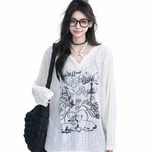 Hand-Painted Graffiti Long Sleeve T-Shirt for Women - American Streetwear, Sun Protection, Loose Fit, Perfect for Y2K Style