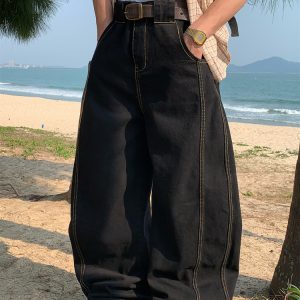 Handmade American Vintage Black Loose Straight Leg Cowboy Pants for Men and Women | 90s Inspired High-Quality Fashion Bottoms