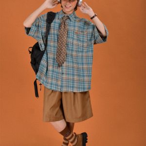 Handmade American Vintage Brushed Plaid Short Sleeve Shirt for Men and Women – Casual Versatile Fashion Staple, New Arrival