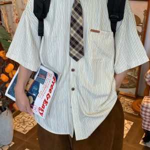 Handmade American Vintage Striped Collar Casual Short Sleeve Shirt for Men and Women, Japanese Style Loose Versatile Top