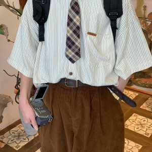 Handmade American Vintage Striped Collar Casual Short Sleeve Shirt for Men and Women, Japanese Style Loose Versatile Top