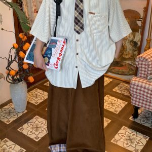 Handmade American Vintage Striped Collar Casual Short Sleeve Shirt for Men and Women, Japanese Style Loose Versatile Top