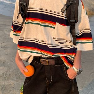 Handmade American Vintage Striped Short Sleeve T-Shirt for Men and Women, Casual Loose Round Neck Top, Summer Essential