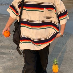 Handmade American Vintage Striped Short Sleeve T-Shirt for Men and Women, Casual Loose Round Neck Top, Summer Essential