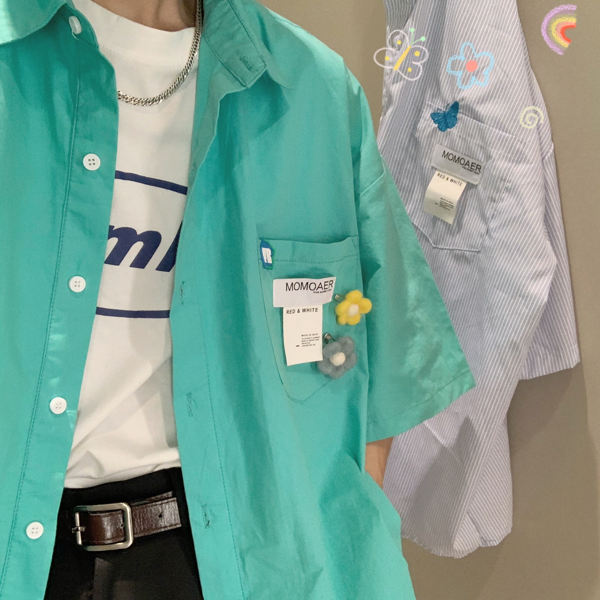 Handmade Brooch Flower Loose Shirt - Lake Blue Solid Color Short Sleeve Top for Students - Versatile Fashion Essential