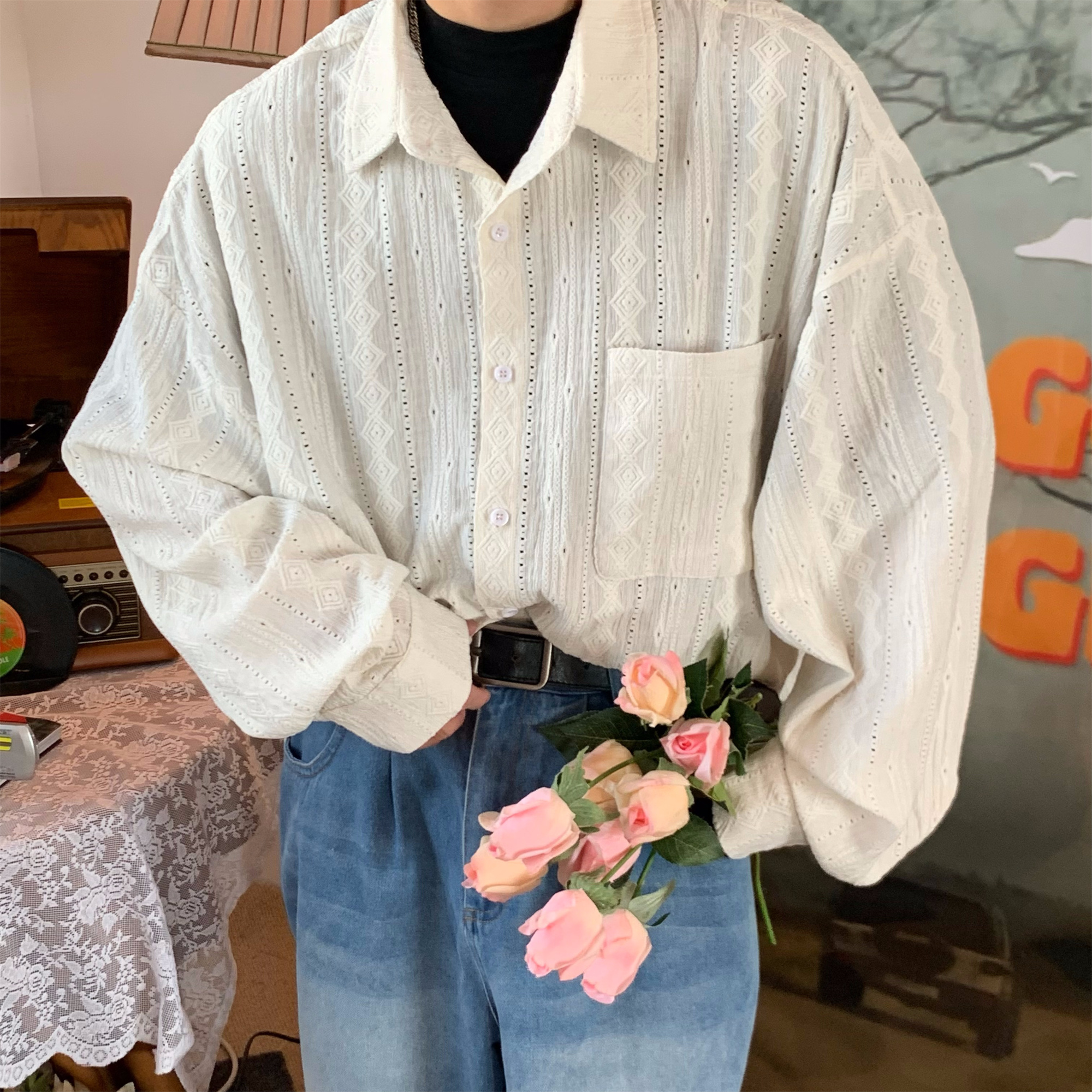 Handmade French Vintage Hollowed Long Sleeve Shirt - Autumn Lazy Style Loose Trendy Top for a Chic 90s-Inspired Look