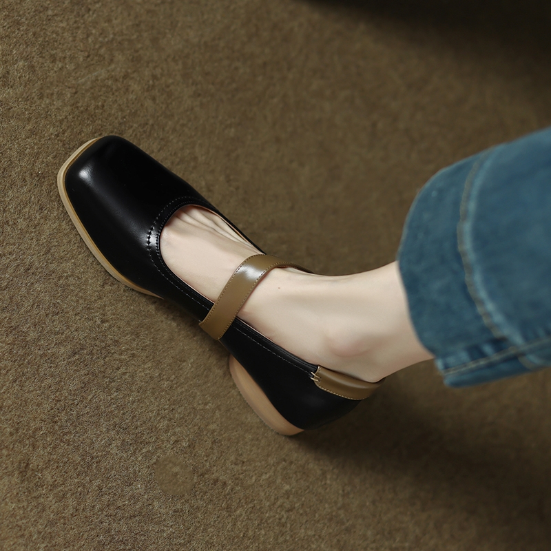 Handmade Genuine Leather Color-Blocked Mary Jane Shoes for Women, Retro Low-Heeled Flats for Spring and Autumn 2025