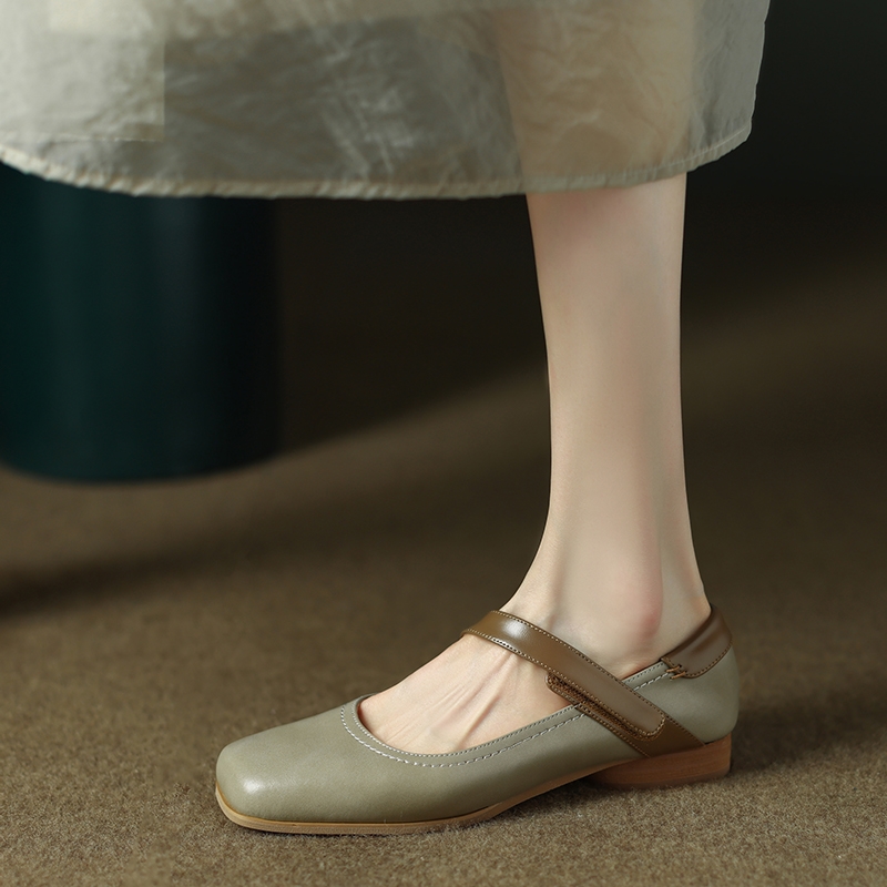 Handmade Genuine Leather Color-Blocked Mary Jane Shoes for Women, Retro Low-Heeled Flats for Spring and Autumn 2025