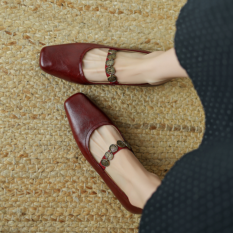 Handmade Genuine Leather One-Strap Mary Jane Flat Shoes for Women - Retro Chinese Style, Artistic Design, Vintage Charm