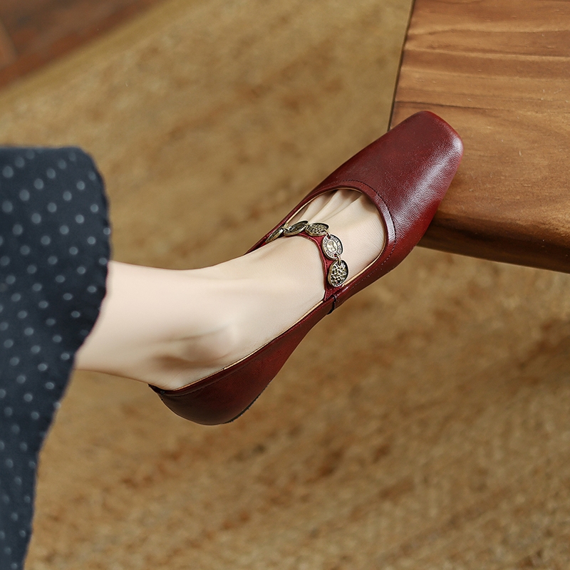 Handmade Genuine Leather One-Strap Mary Jane Flat Shoes for Women - Retro Chinese Style, Artistic Design, Vintage Charm