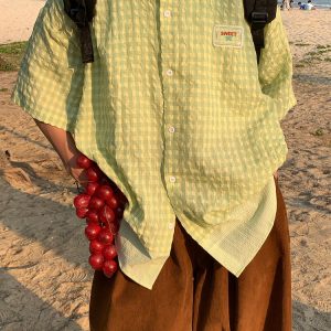 Handmade Japanese Retro Plaid Short Sleeve Shirt with Lace Trim for Women - Summer Loose Puff Sleeve Top