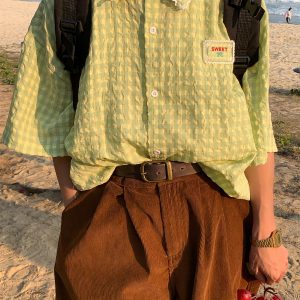 Handmade Japanese Retro Plaid Short Sleeve Shirt with Lace Trim for Women - Summer Loose Puff Sleeve Top