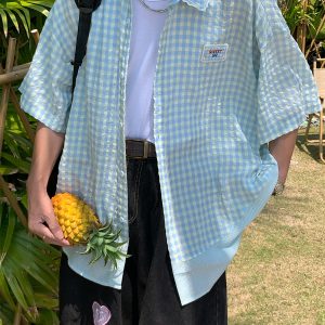 Handmade Japanese Retro Plaid Short Sleeve Shirt with Lace Trim for Women - Summer Loose Puff Sleeve Top