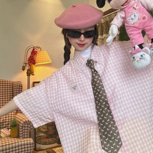 Handmade Japanese Retro Plaid Short Sleeve Shirt with Lace Trim for Women - Summer Loose Puff Sleeve Top