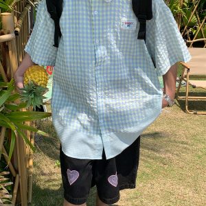 Handmade Japanese Retro Plaid Short Sleeve Shirt with Lace Trim for Women - Summer Loose Puff Sleeve Top