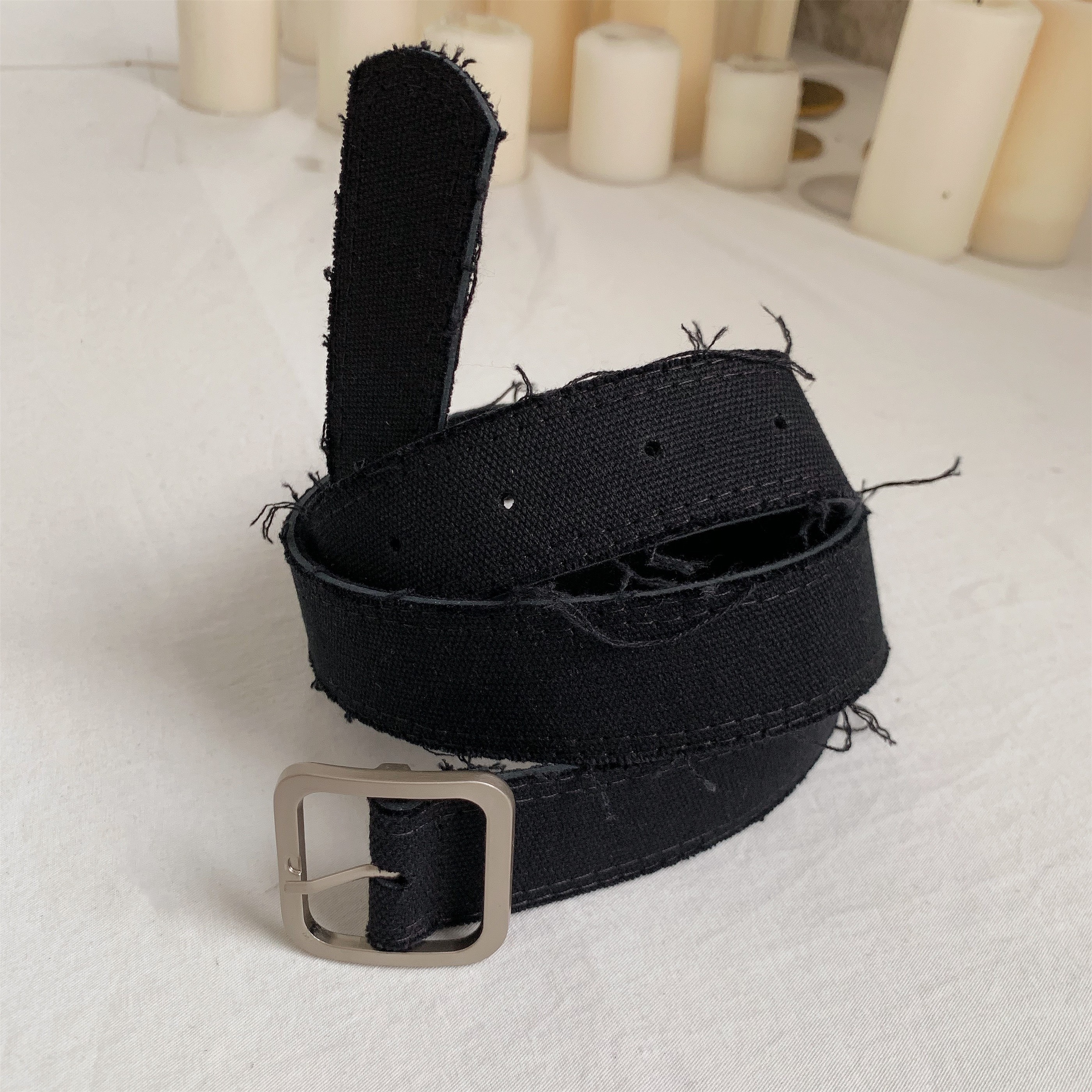 Handmade Mohair Edge Fabric Waist Belt - Black Unisex Harajuku Style, Versatile Design with Simple Buckle