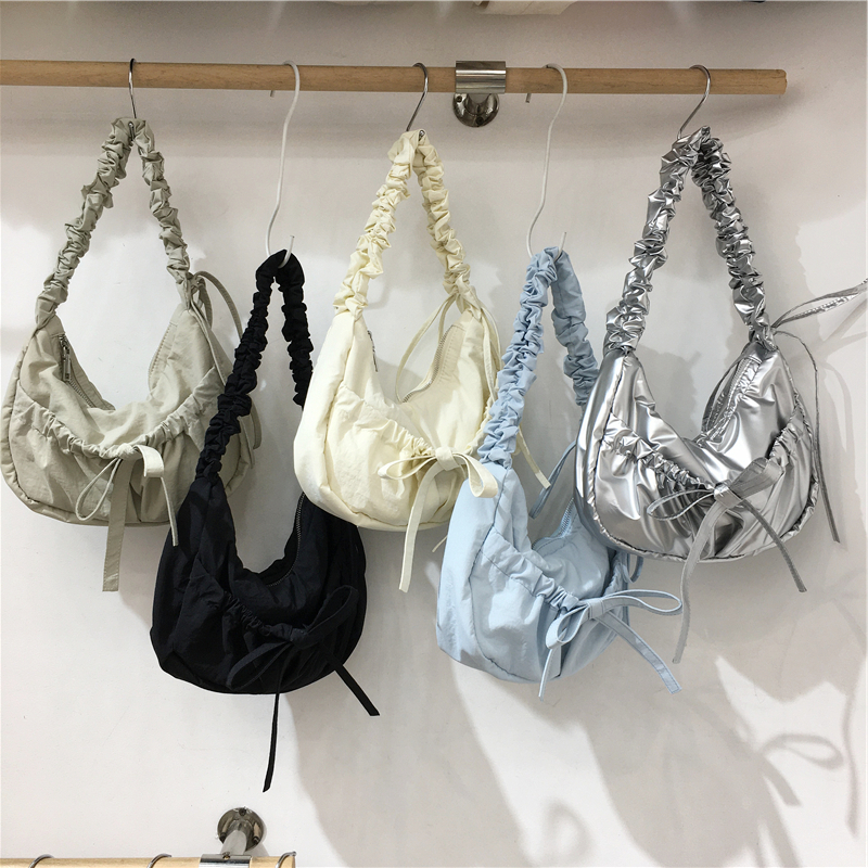 Handmade Pleated Nylon Drawstring Bag with Bow - Ballet Girl Style Crossbody Underarm Bag