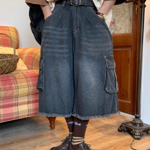 Handmade Retro Denim Workwear Capris with Big Pockets, Cat Whiskers, Versatile Wide-Leg Straight Embroidered Loose Pants for Y2K Style