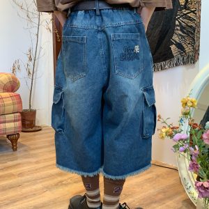 Handmade Retro Denim Workwear Capris with Big Pockets, Cat Whiskers, Versatile Wide-Leg Straight Embroidered Loose Pants for Y2K Style