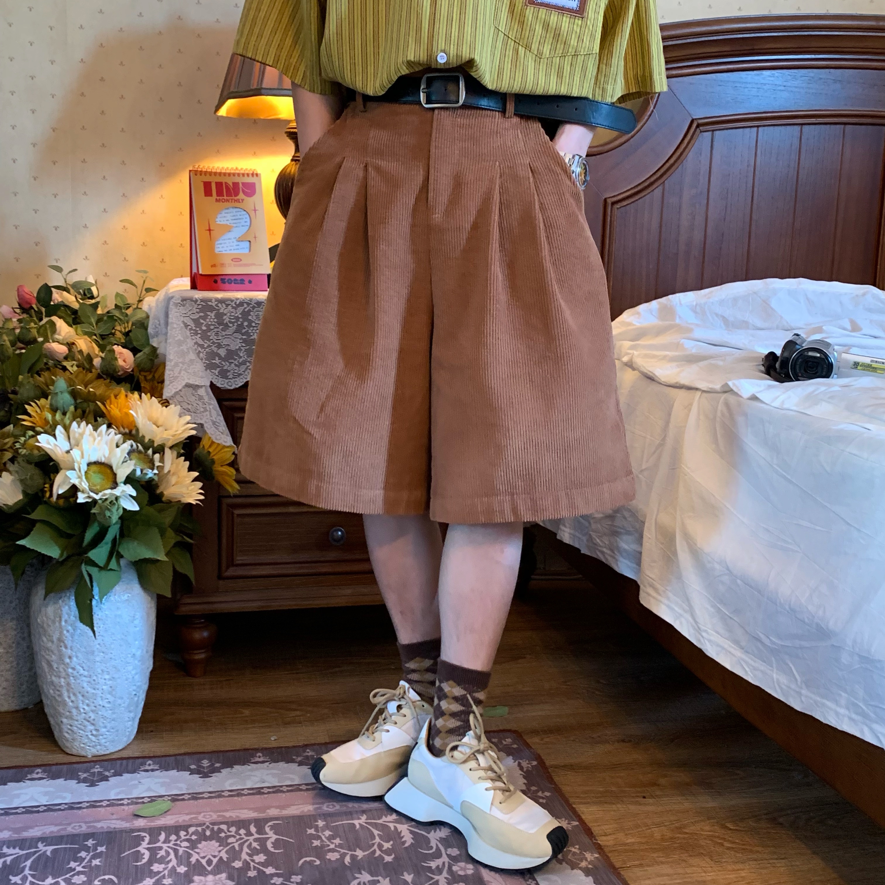 Handmade Retro Wide-Leg Corduroy Shorts for Summer - Casual Unisex Straight Pants, Versatile and Comfortable Fashion Essential