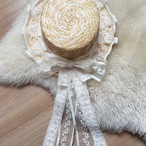 Handmade Straw Hat with Flowing Ribbons and Lace Sunshade Bow for JK Uniform Accessories - Cute Pudding Bear Style