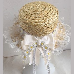 Handmade Straw Hat with Flowing Ribbons and Lace Sunshade Bow for JK Uniform Accessories - Cute Pudding Bear Style
