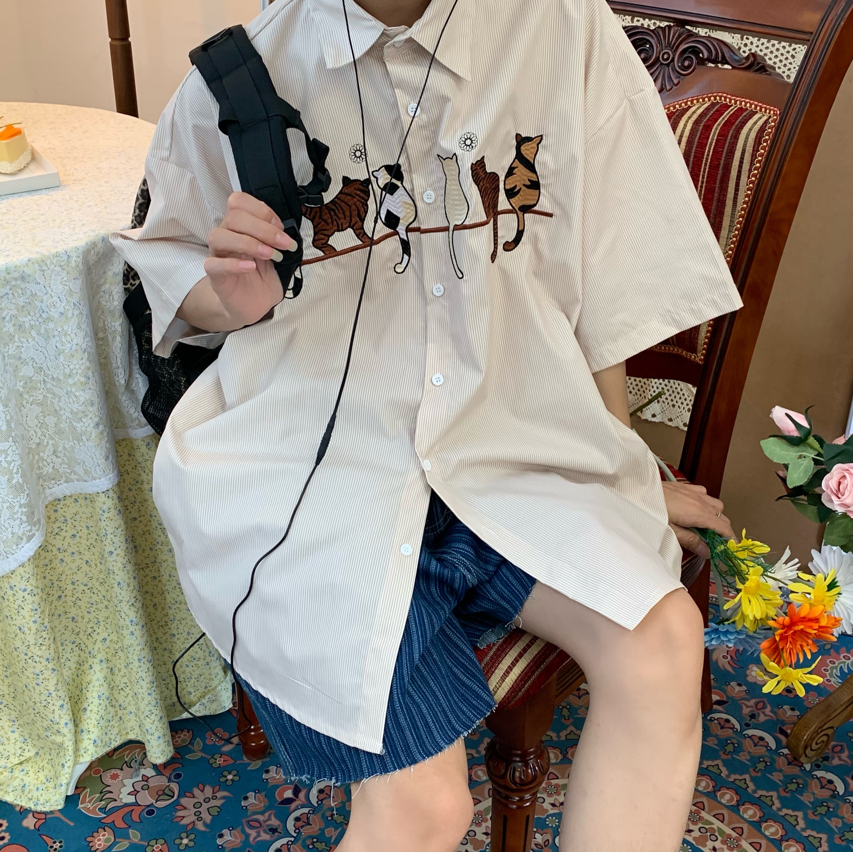 Handmade Striped Cat Embroidery Vintage Shirt - Trendy Retro Summer Top for Couples - Short Sleeve Hong Kong Style Fashion Handmade Striped Cat Embroidery Vintage Shirt - Trendy Retro Summer Top for Couples - Short Sleeve Hong Kong Style Fashion