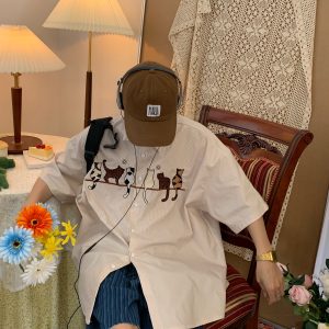 Handmade Striped Cat Embroidery Vintage Shirt - Trendy Retro Summer Top for Couples - Short Sleeve Hong Kong Style Fashion