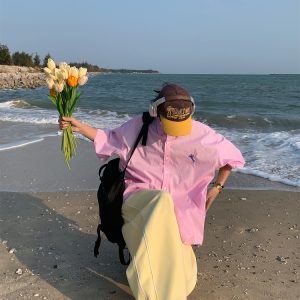 Handmade Vertical Striped Short Sleeve Shirt with Small Embroidery for Couples - Casual Summer Loose Fit Top