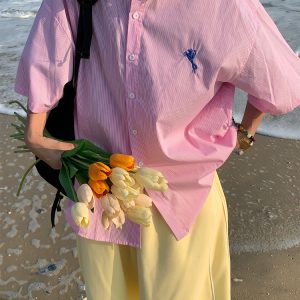 Handmade Vertical Striped Short Sleeve Shirt with Small Embroidery for Couples - Casual Summer Loose Fit Top