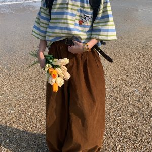 Handmade Vintage Striped Cow Embroidery Polo T-Shirt for Men and Women, Summer Loose Fit Short Sleeve Top, Trendy Casual Style