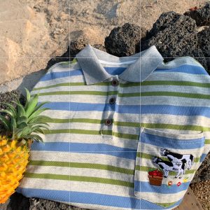 Handmade Vintage Striped Cow Embroidery Polo T-Shirt for Men and Women, Summer Loose Fit Short Sleeve Top, Trendy Casual Style