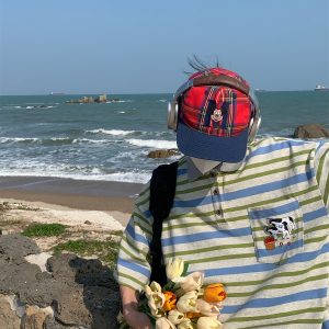 Handmade Vintage Striped Cow Embroidery Polo T-Shirt for Men and Women, Summer Loose Fit Short Sleeve Top, Trendy Casual Style