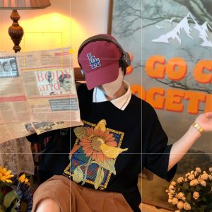 Handmade Vintage Sunflower Floral Collared Short Sleeve Polo Shirt for Unisex - Loose Fit Half Sleeve Top, Perfect for 90s and Y2K Style