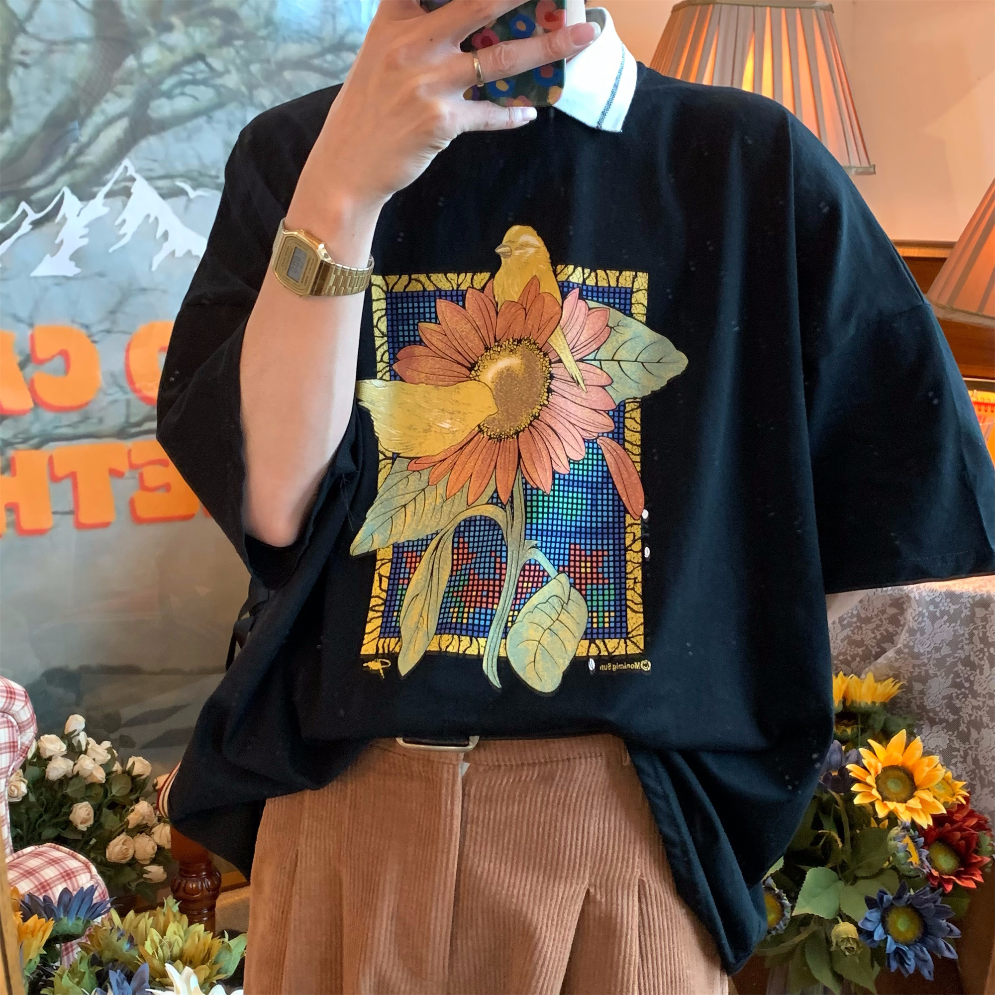 Handmade Vintage Sunflower Floral Collared Short Sleeve Polo Shirt for Unisex - Loose Fit Half Sleeve Top, Perfect for 90s and Y2K Style