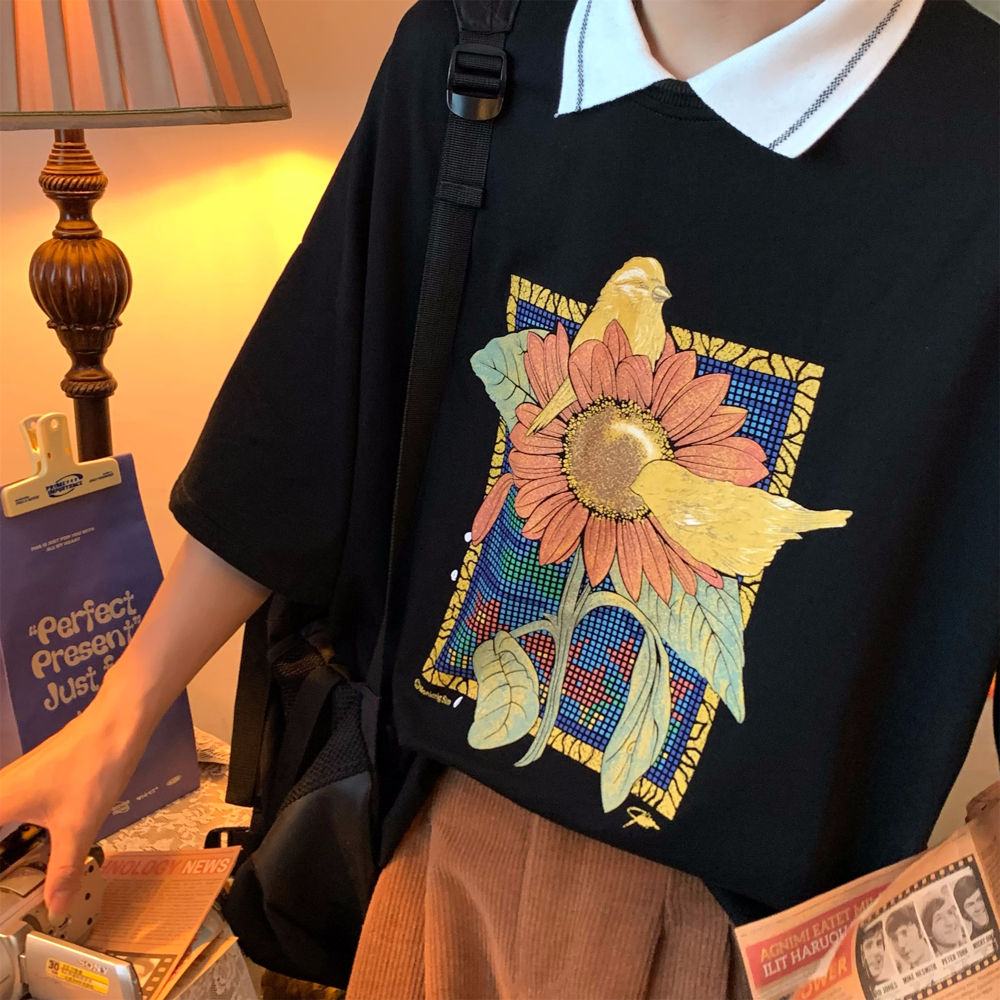 Handmade Vintage Sunflower Floral Collared Short Sleeve Polo Shirt Unisex Loose Fit Y2K Style Top Handmade Vintage Sunflower Floral Collared Short Sleeve Polo Shirt Unisex Loose Fit Y2K Style Top