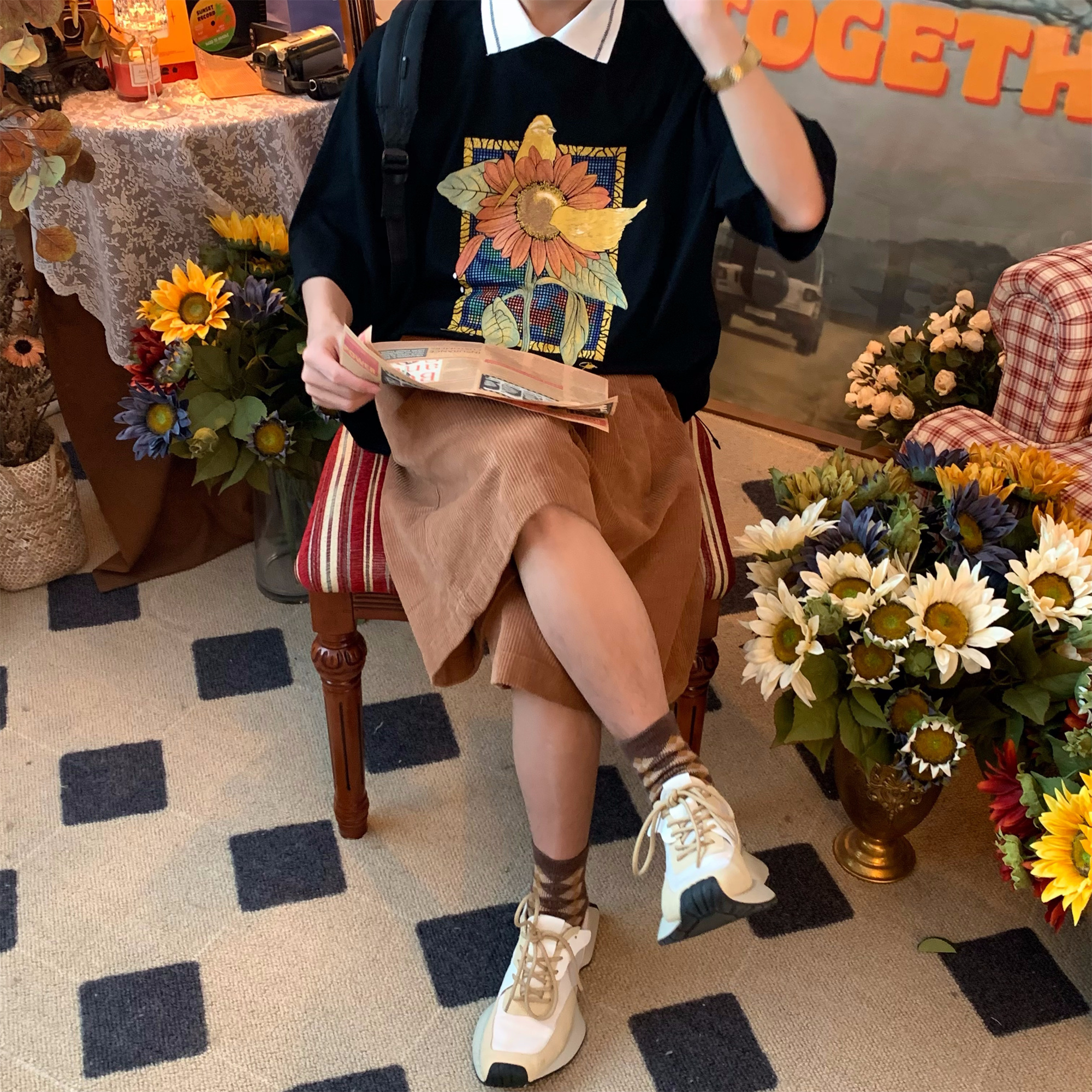 Handmade Vintage Sunflower Floral Collared Short Sleeve Polo Shirt Unisex Loose Fit Y2K Style Top Handmade Vintage Sunflower Floral Collared Short Sleeve Polo Shirt Unisex Loose Fit Y2K Style Top