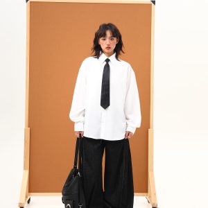 Handmade White Silk Loose Draped Shirt for Unisex - Wrinkle-Resistant, Versatile Design with Tie - Perfect for Y2K and Casual Chic Looks