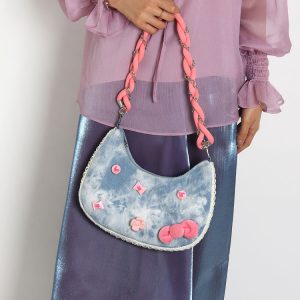 Handmade Woven Chain Crossbody Bag for Women - Cute Cat Cowboy Design, 2025 New Pink Underarm Bag, Stylish Y2K Fashion