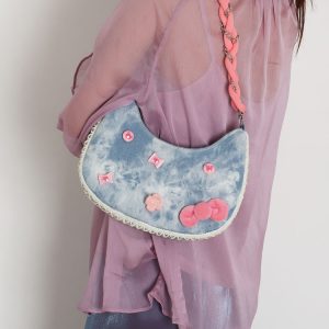 Handmade Woven Chain Crossbody Bag for Women - Cute Cat Cowboy Design, 2025 New Pink Underarm Bag, Stylish Y2K Fashion