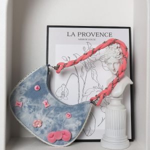 Handmade Woven Chain Crossbody Bag for Women - Cute Cat Cowboy Design, 2025 New Pink Underarm Bag, Stylish Y2K Fashion