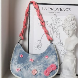 Handmade Woven Chain Crossbody Bag for Women - Cute Cat Cowboy Design, 2025 New Pink Underarm Bag, Stylish Y2K Fashion