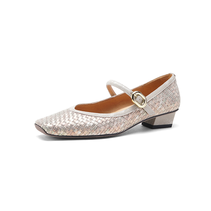 Handmade Woven One-Strap Chunky Heel Mary Jane Shoes for Women - Italian Style, Shallow Mouth Design, Trendy Fashion Footwear