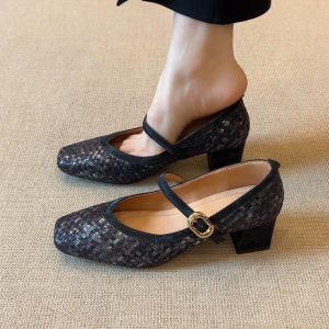 Handmade Woven One-Strap Chunky Heel Mary Jane Shoes for Women - Italian Style, Shallow Mouth Design, Trendy Fashion Footwear