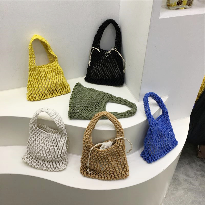 Handmade Woven Tote Bag - Cute Cotton Linen Hollow Net Beach Bag - Korean Style Handheld Accessory from Dongdaemun