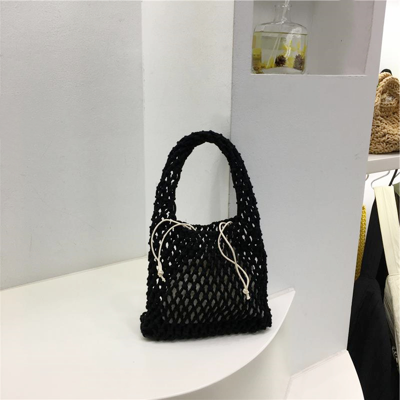 Handmade Woven Tote Bag - Cute Cotton Linen Hollow Net Beach Bag - Korean Style Handheld Accessory from Dongdaemun